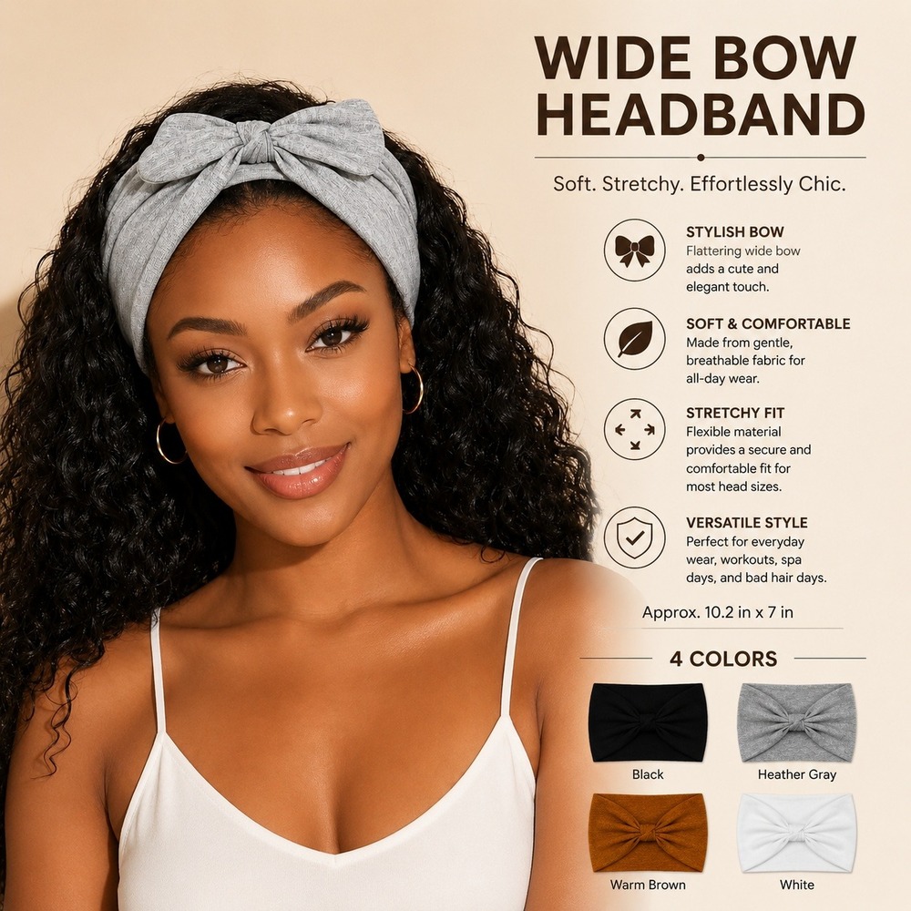 4 Pack Wide Bow Headband Stretchy Soft Jersey Hair Wrap Black Gray Brown White - Picture 3 of 5